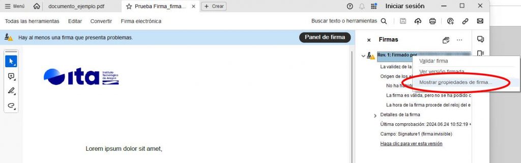 Figura 3: Mostrar propiedades de firma