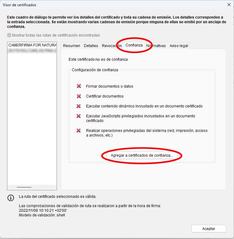 Figura 5: Agregar a certificados de confianza