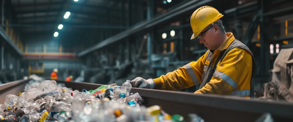 Operario distribuyendo botellas de plástico en una planta industrial de reciclaje