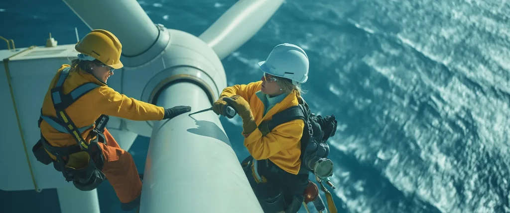 Dos operarias trabajando en el mantenimiento de un generador de energía eólica de una planta offshore situada en el océano