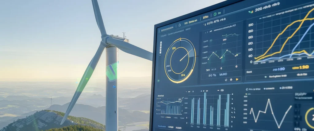 Composición generada por ordenador que muestra las palas de un aerogenerador de energía eólica y un monitor de ordenador con datos clave de su rendimiento