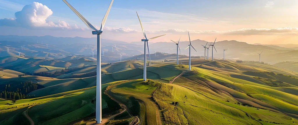 Fotografía de aerogeneradores en un parque eólico situado en un entorno natural