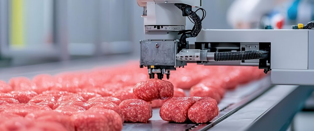 Sistemas robóticos inspeccionando alimentos procesados en una línea de producción de alta velocidad, optimización del control de calidad