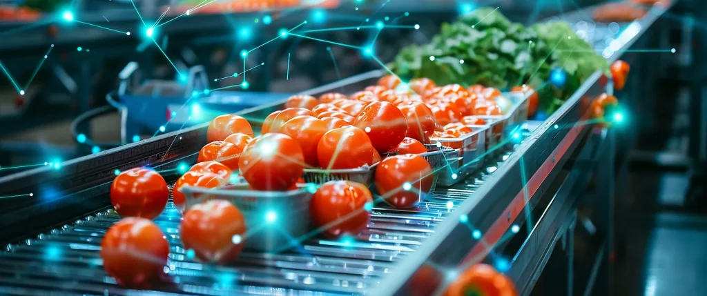 Tomates, lechuga y demás productos alimentarios en una barra transportadora. Sobre ellos, se superpone una capa infográfica que representa la trazabilidad de los productos mediante Blockchain y tecnologías digitales