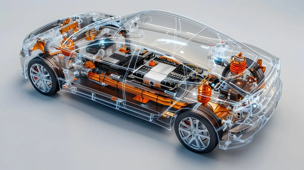 Imagen generada por ordenador que muestra todos los componentes que forman el coche eléctrico. Es la imagen de cabecera del artículo